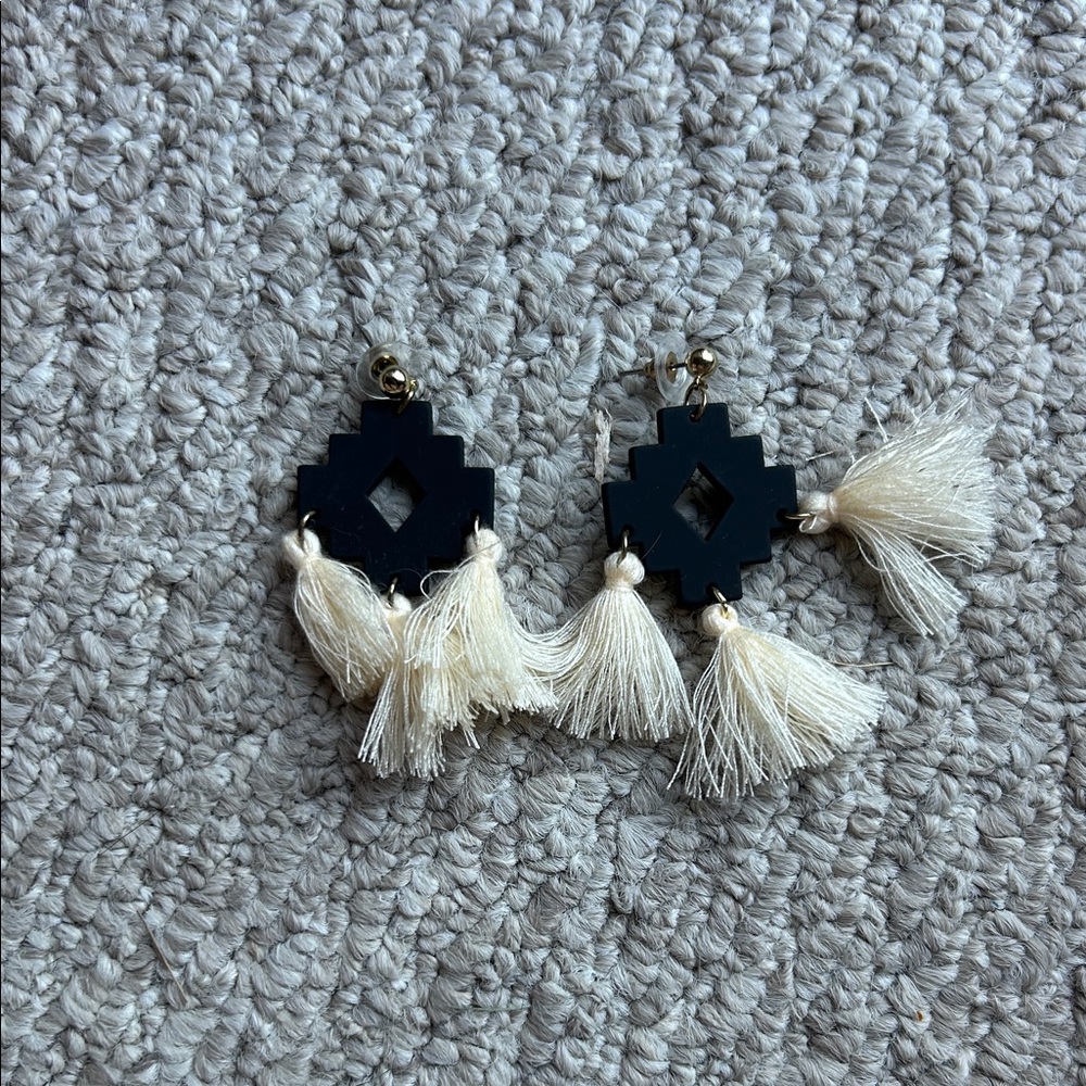 Black and Cream Geometric Tassel Earrings
